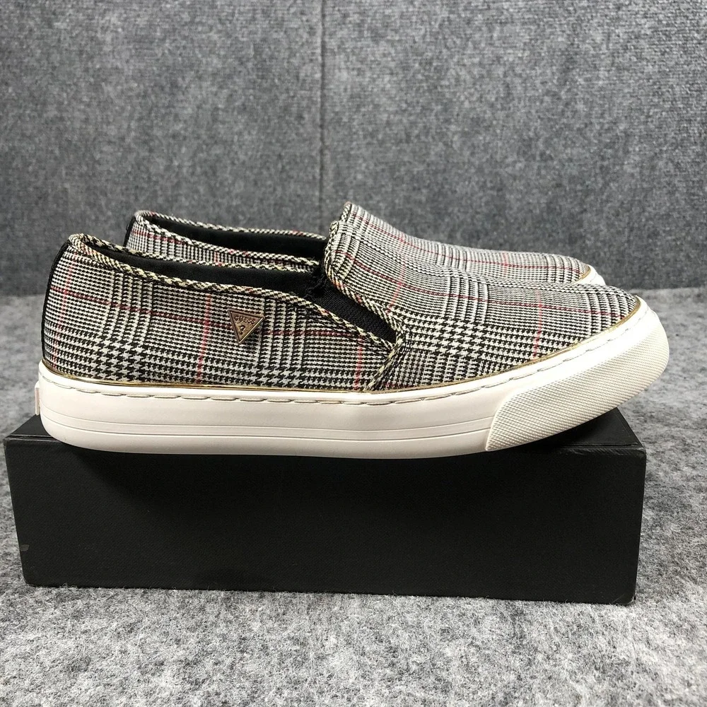 GUESS Slip On‎ Shoes Womens 8.5 Gray Plaid Textile Sneakers GFGGLADIS12